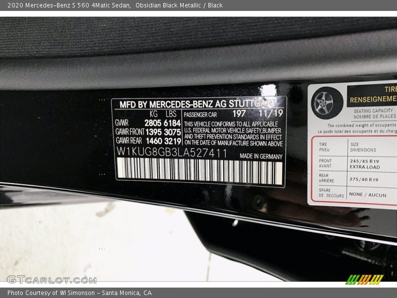 2020 S 560 4Matic Sedan Obsidian Black Metallic Color Code 197