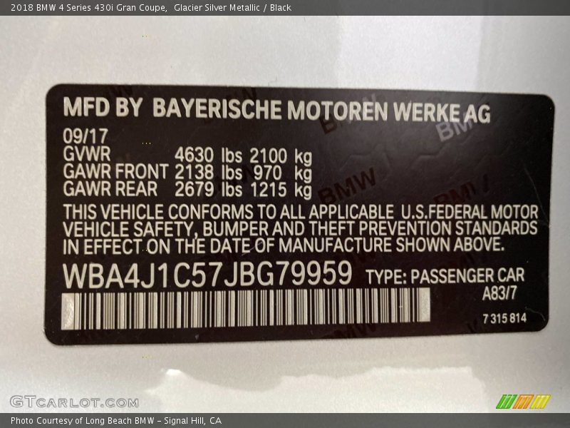 Glacier Silver Metallic / Black 2018 BMW 4 Series 430i Gran Coupe