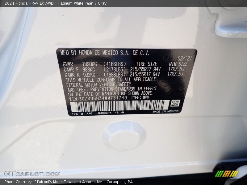 Platinum White Pearl / Gray 2021 Honda HR-V LX AWD