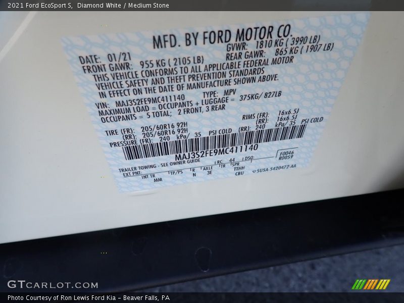 Diamond White / Medium Stone 2021 Ford EcoSport S