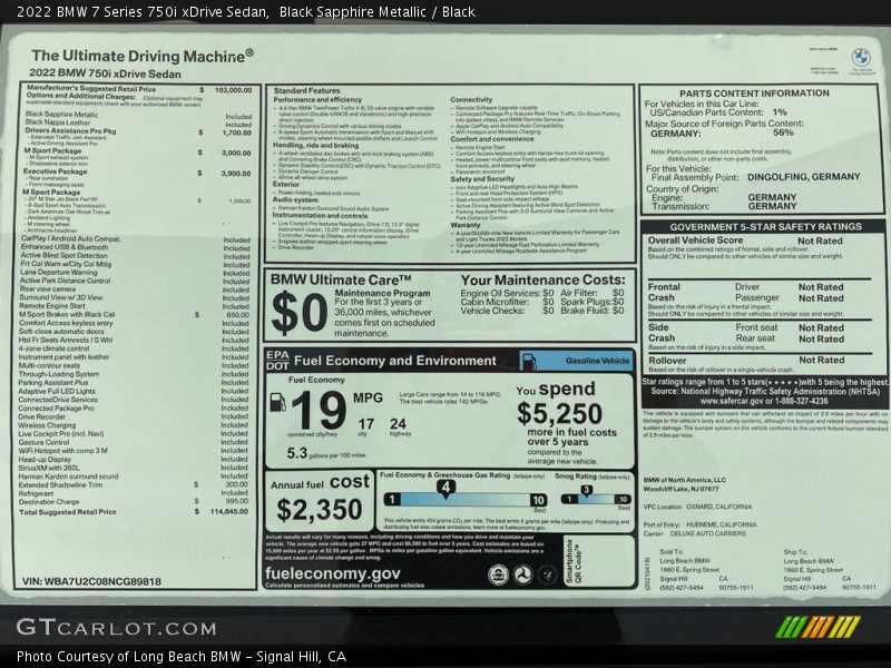  2022 7 Series 750i xDrive Sedan Window Sticker