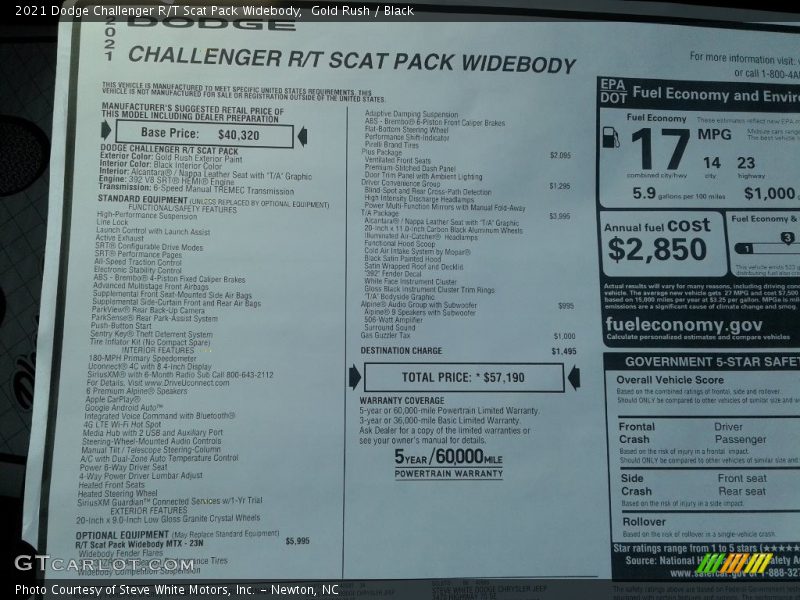  2021 Challenger R/T Scat Pack Widebody Window Sticker