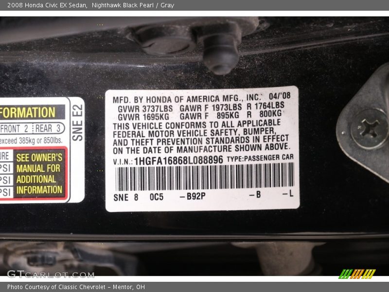 Nighthawk Black Pearl / Gray 2008 Honda Civic EX Sedan