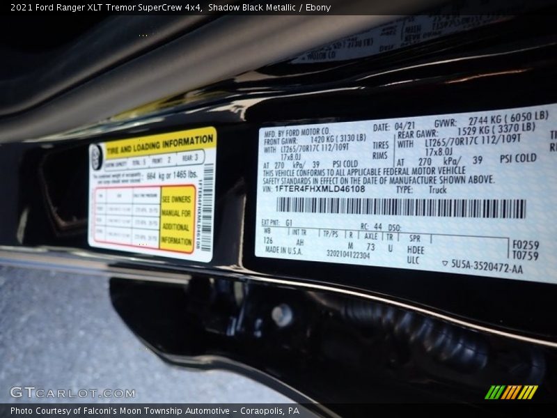 2021 Ranger XLT Tremor SuperCrew 4x4 Shadow Black Metallic Color Code G1