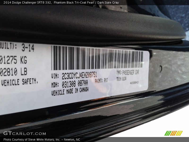 2014 Challenger SRT8 392 Phantom Black Tri-Coat Pearl Color Code PXT