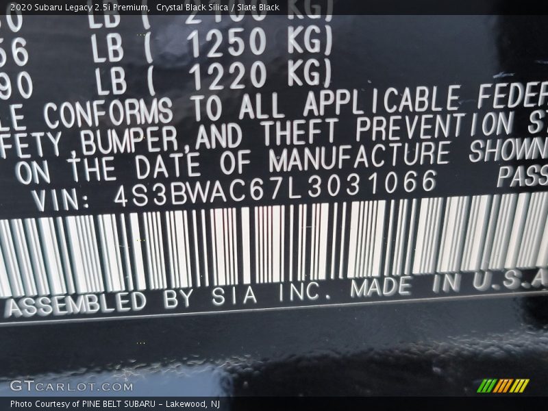 Crystal Black Silica / Slate Black 2020 Subaru Legacy 2.5i Premium
