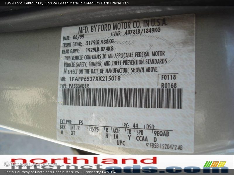 Spruce Green Metallic / Medium Dark Prairie Tan 1999 Ford Contour LX