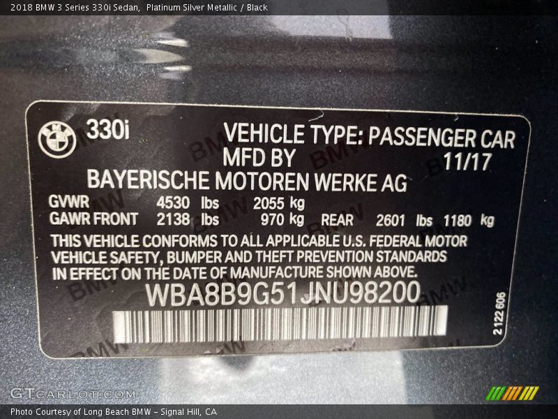 Platinum Silver Metallic / Black 2018 BMW 3 Series 330i Sedan