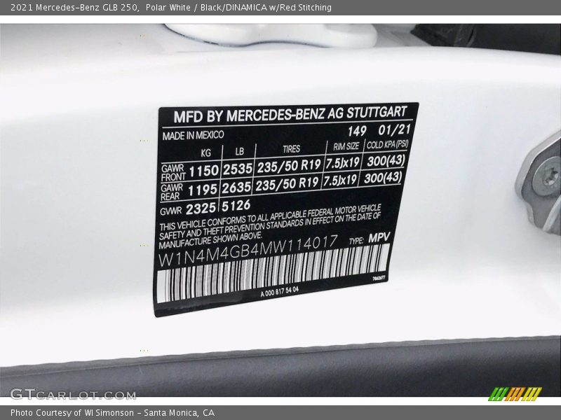 Polar White / Black/DINAMICA w/Red Stitching 2021 Mercedes-Benz GLB 250