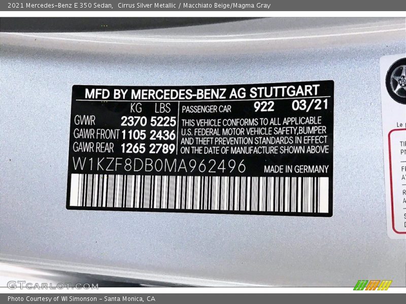 Cirrus Silver Metallic / Macchiato Beige/Magma Gray 2021 Mercedes-Benz E 350 Sedan