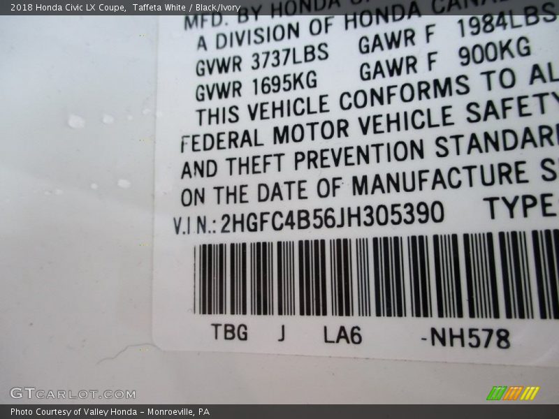 Taffeta White / Black/Ivory 2018 Honda Civic LX Coupe