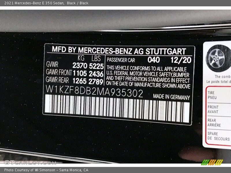 2021 E 350 Sedan Black Color Code 040