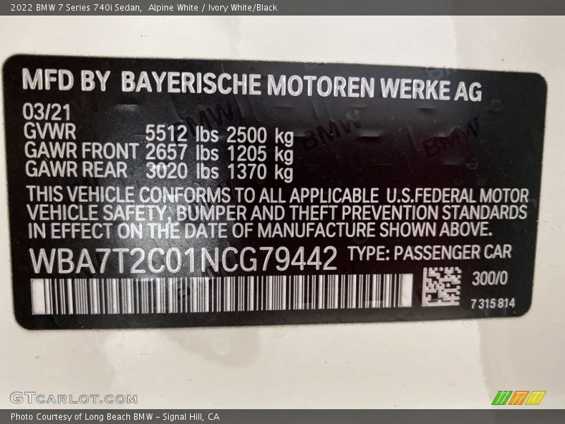 2022 7 Series 740i Sedan Alpine White Color Code 300