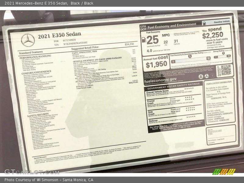  2021 E 350 Sedan Window Sticker
