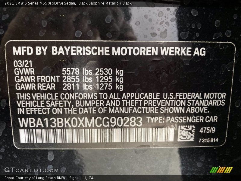 2021 5 Series M550i xDrive Sedan Black Sapphire Metallic Color Code 475