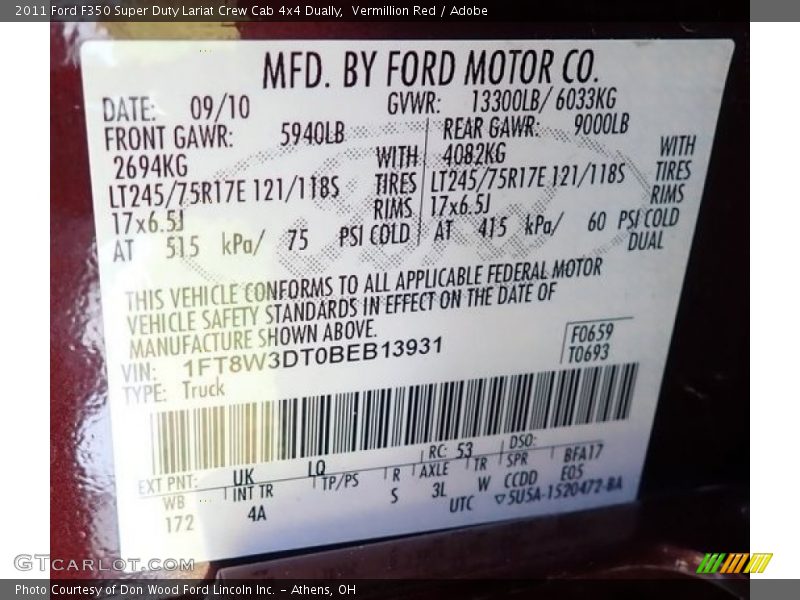 Vermillion Red / Adobe 2011 Ford F350 Super Duty Lariat Crew Cab 4x4 Dually