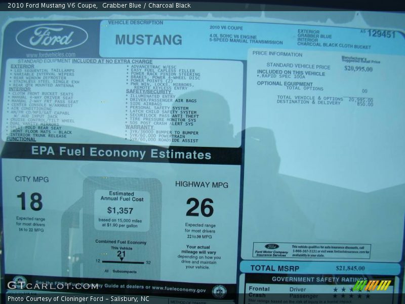 Grabber Blue / Charcoal Black 2010 Ford Mustang V6 Coupe