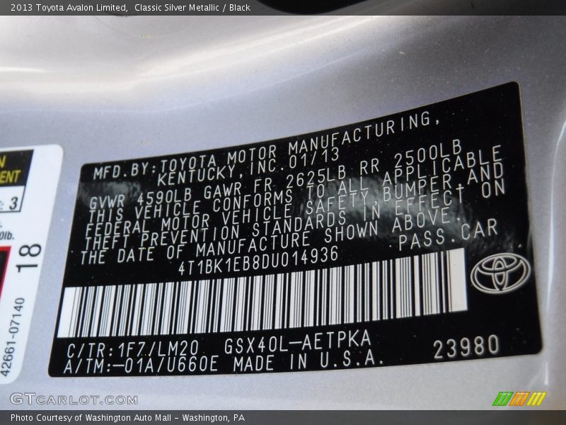 Classic Silver Metallic / Black 2013 Toyota Avalon Limited