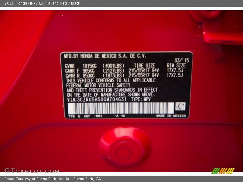 Milano Red / Black 2016 Honda HR-V EX