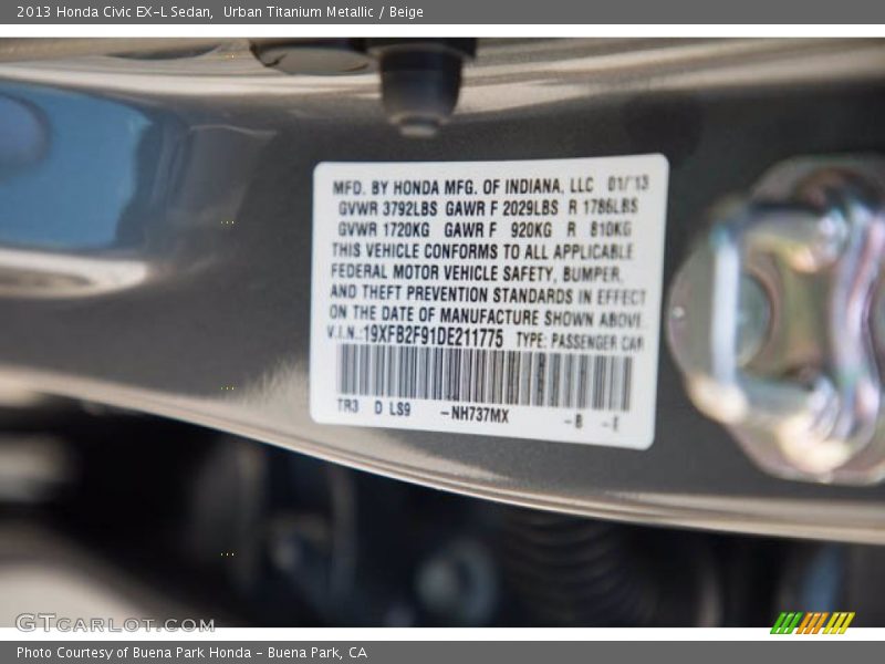 Urban Titanium Metallic / Beige 2013 Honda Civic EX-L Sedan