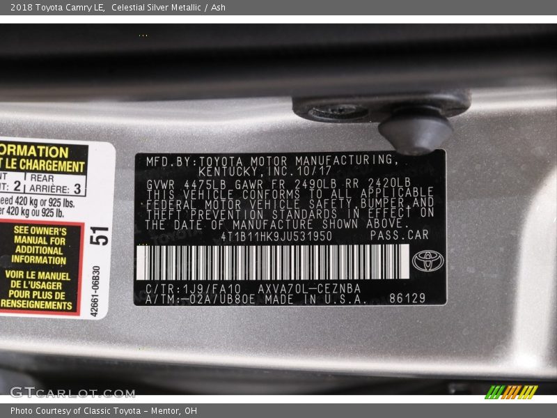 Celestial Silver Metallic / Ash 2018 Toyota Camry LE