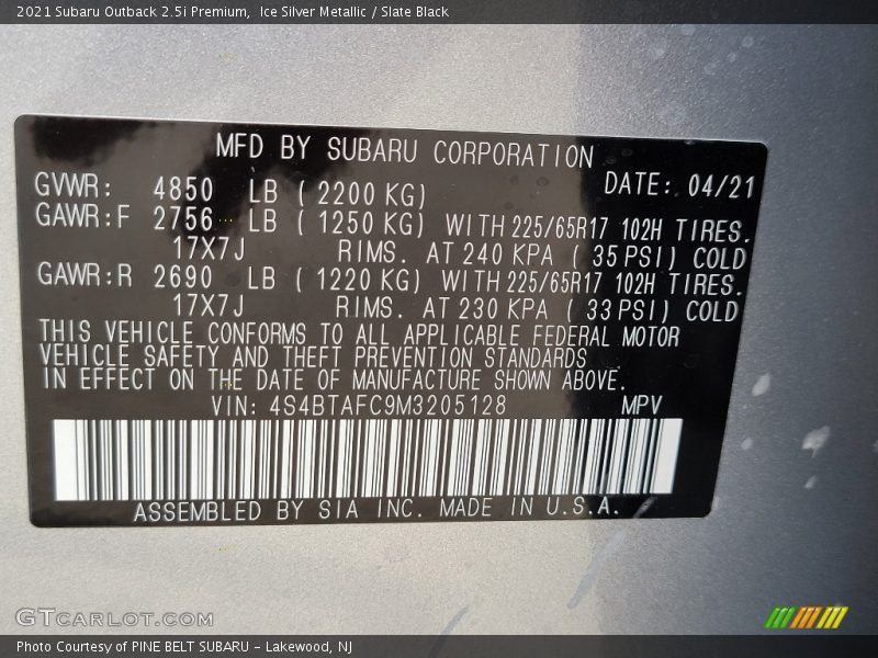 Ice Silver Metallic / Slate Black 2021 Subaru Outback 2.5i Premium