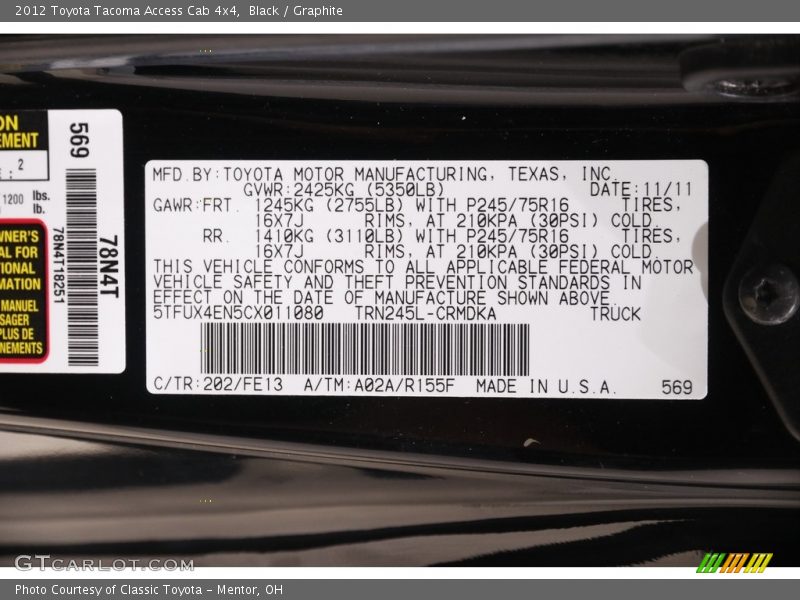 Black / Graphite 2012 Toyota Tacoma Access Cab 4x4