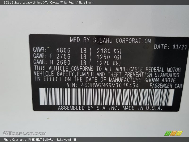 Crystal White Pearl / Slate Black 2021 Subaru Legacy Limited XT