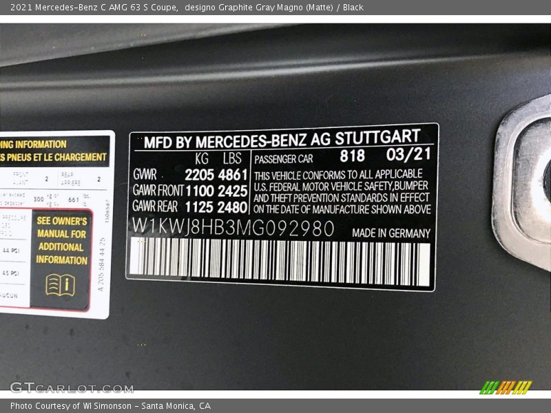 2021 C AMG 63 S Coupe designo Graphite Gray Magno (Matte) Color Code 818