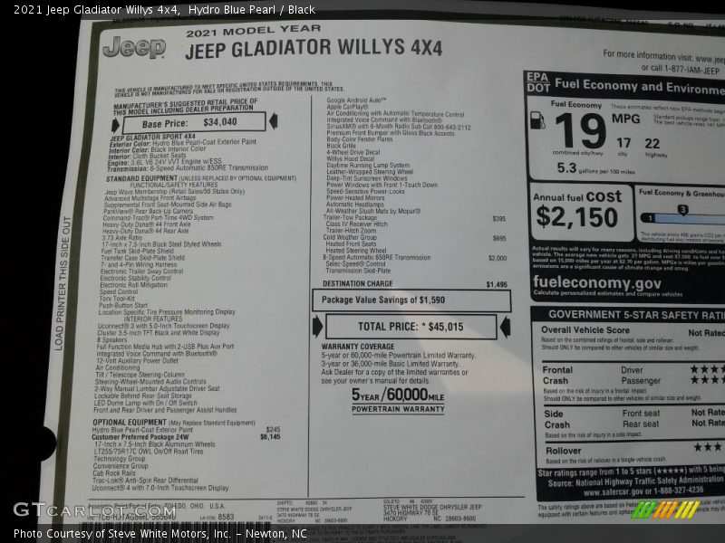 Hydro Blue Pearl / Black 2021 Jeep Gladiator Willys 4x4