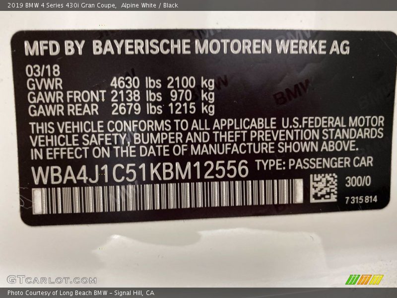 Alpine White / Black 2019 BMW 4 Series 430i Gran Coupe