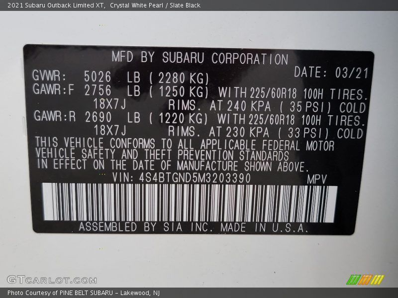 Crystal White Pearl / Slate Black 2021 Subaru Outback Limited XT