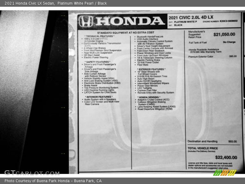 Platinum White Pearl / Black 2021 Honda Civic LX Sedan