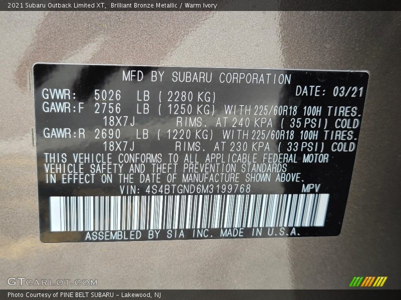 Brilliant Bronze Metallic / Warm Ivory 2021 Subaru Outback Limited XT