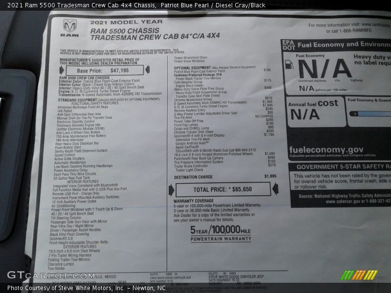  2021 5500 Tradesman Crew Cab 4x4 Chassis Window Sticker