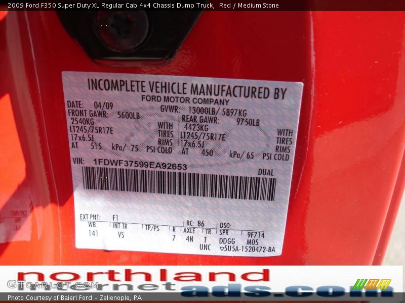 Red / Medium Stone 2009 Ford F350 Super Duty XL Regular Cab 4x4 Chassis Dump Truck