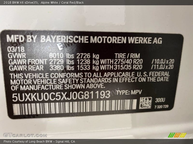 Alpine White / Coral Red/Black 2018 BMW X6 sDrive35i