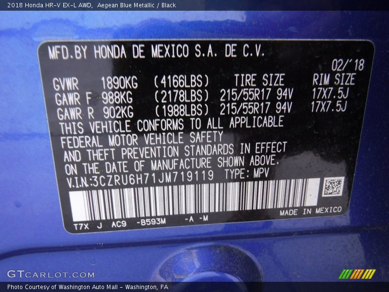 Aegean Blue Metallic / Black 2018 Honda HR-V EX-L AWD