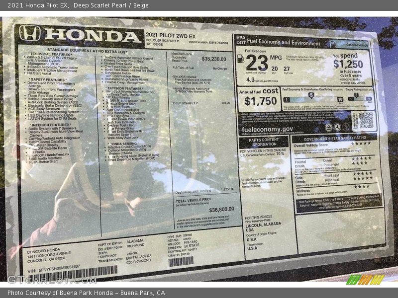  2021 Pilot EX Window Sticker