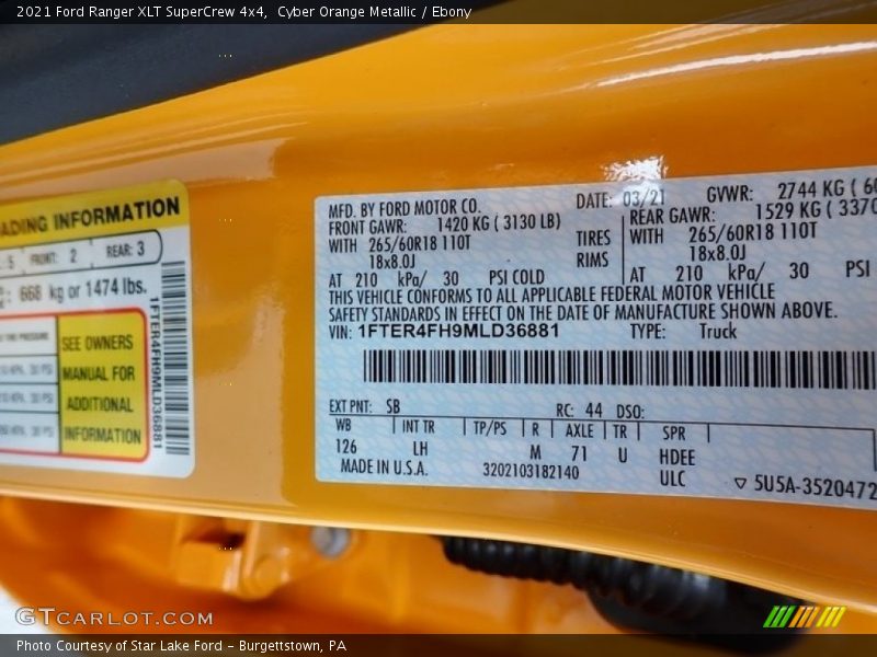 2021 Ranger XLT SuperCrew 4x4 Cyber Orange Metallic Color Code SB