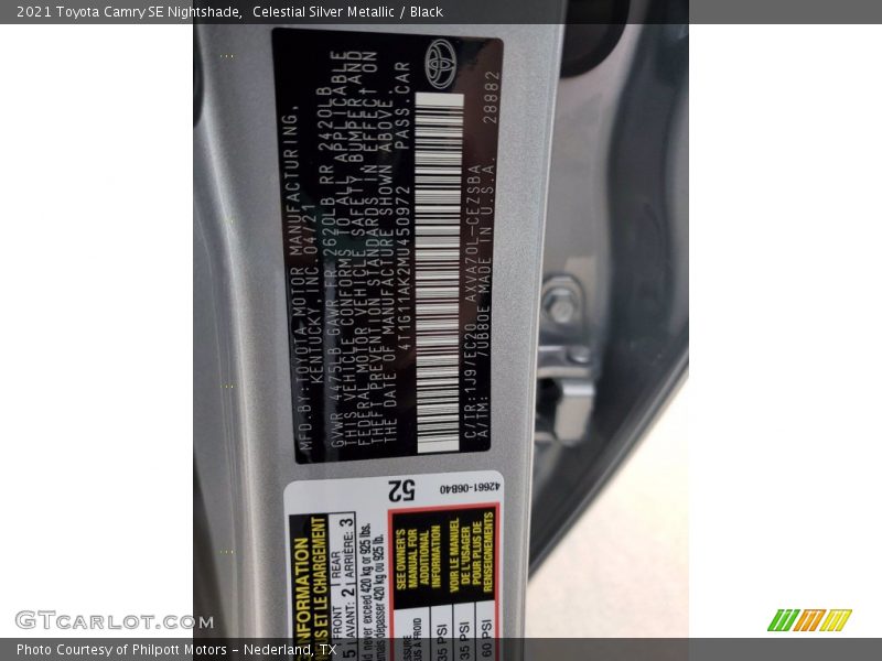 2021 Camry SE Nightshade Celestial Silver Metallic Color Code 1J9