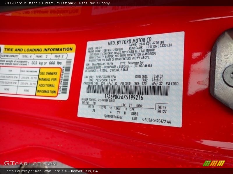 Race Red / Ebony 2019 Ford Mustang GT Premium Fastback