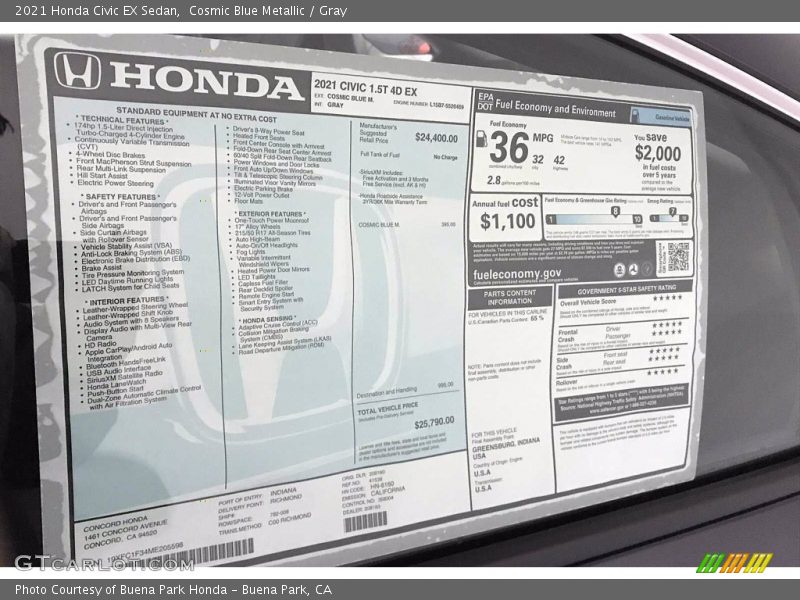 Cosmic Blue Metallic / Gray 2021 Honda Civic EX Sedan
