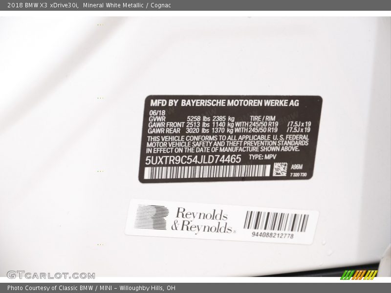 Mineral White Metallic / Cognac 2018 BMW X3 xDrive30i