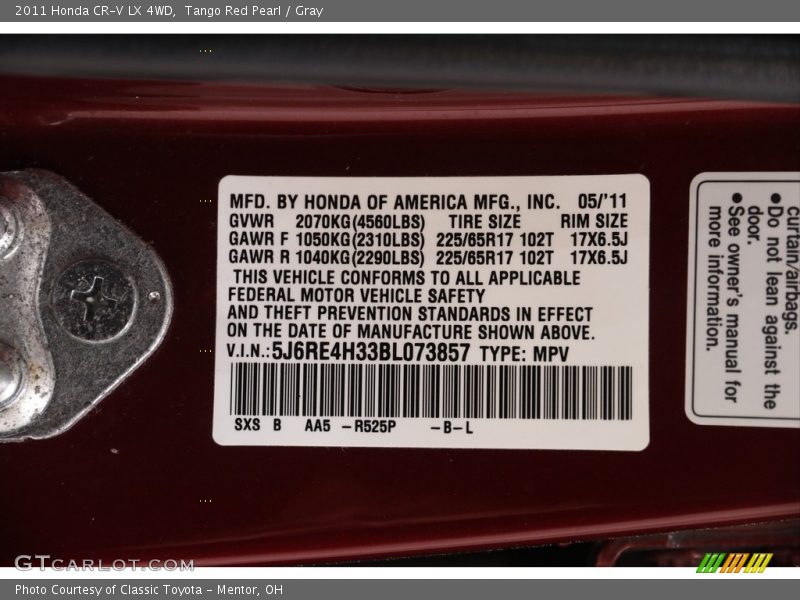Tango Red Pearl / Gray 2011 Honda CR-V LX 4WD