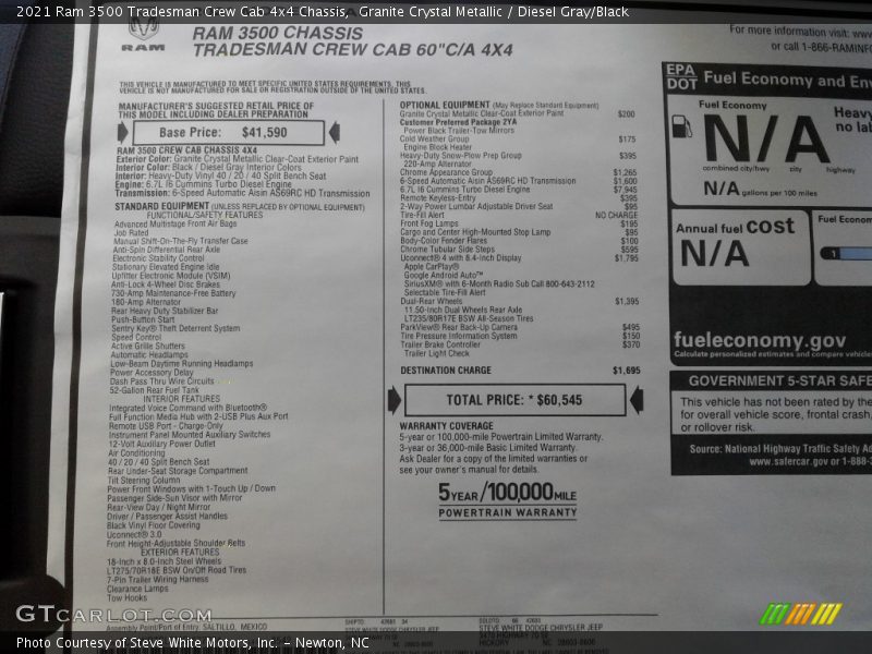  2021 3500 Tradesman Crew Cab 4x4 Chassis Window Sticker