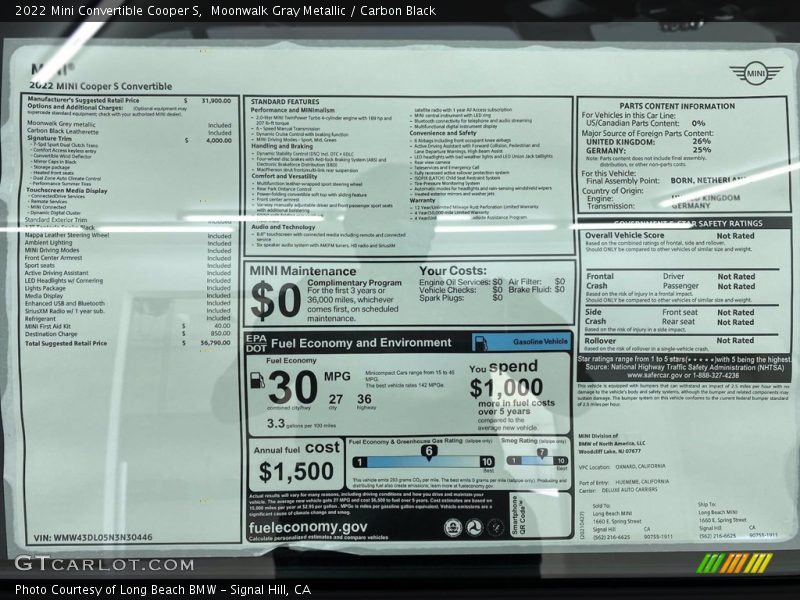  2022 Convertible Cooper S Window Sticker