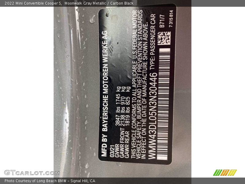 2022 Convertible Cooper S Moonwalk Gray Metallic Color Code B71