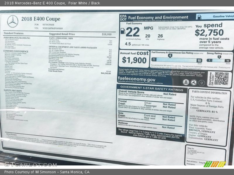 Polar White / Black 2018 Mercedes-Benz E 400 Coupe