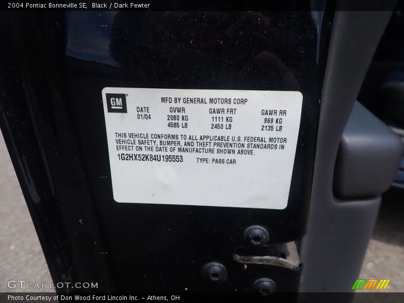 Black / Dark Pewter 2004 Pontiac Bonneville SE